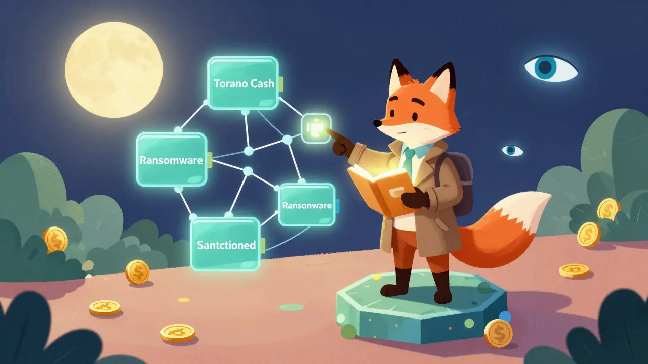 A detective fox points at a network of risky crypto wallets under a sky filled with AI eyes watching.