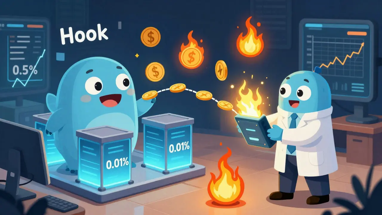 A developer activates a hook gadget that turns a liquidity pool into a creature adjusting fees with market mood.