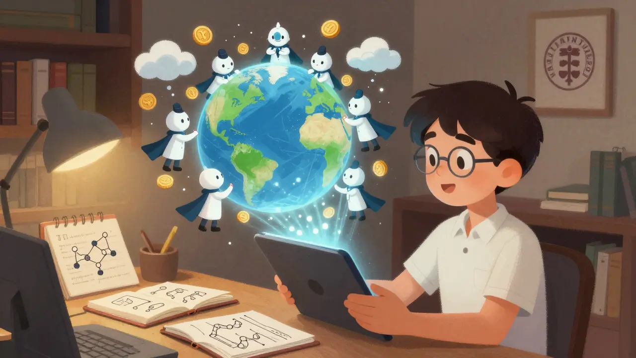 A developer watching AI agents interact in a holographic world, surrounded by books and code sketches.