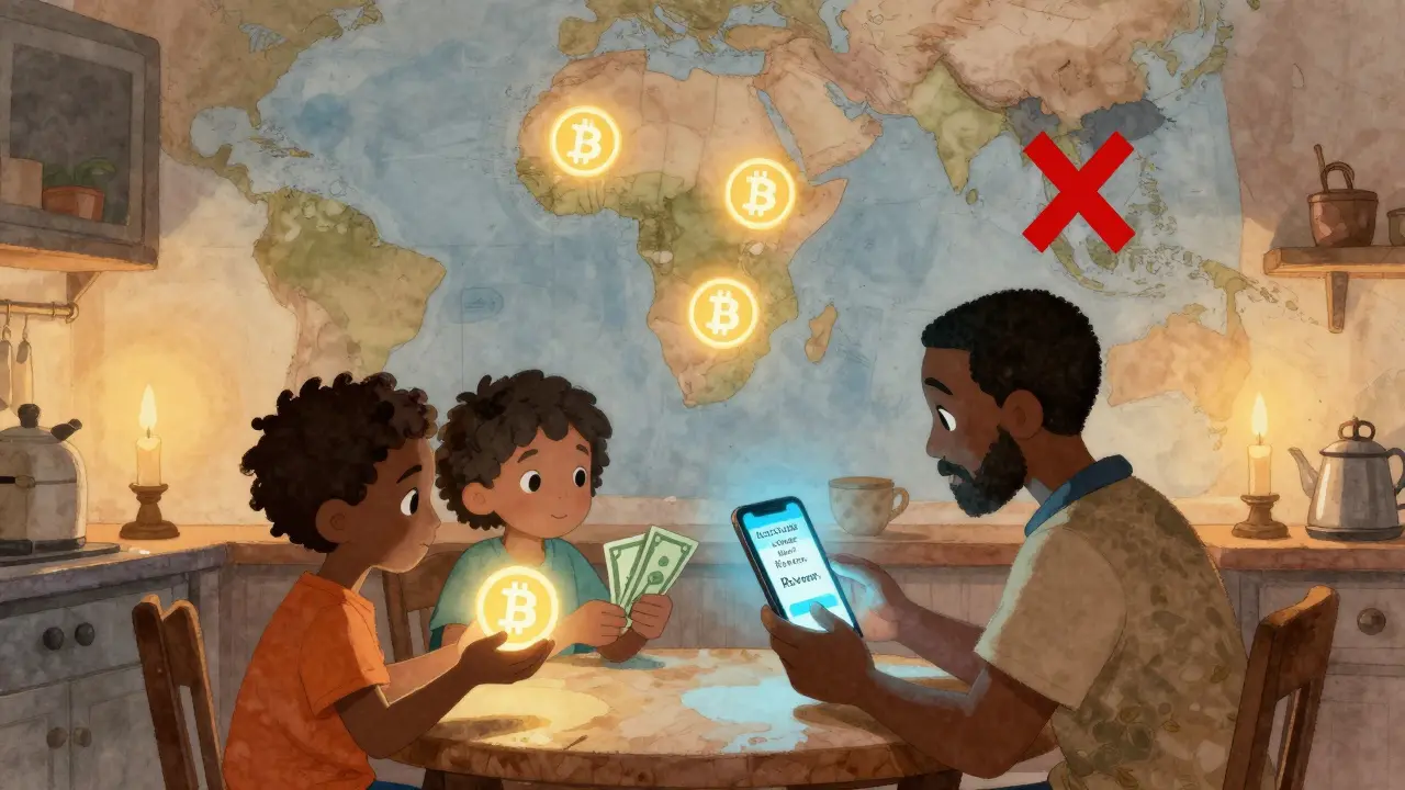 A family at a kitchen table faces a bank alert on a phone, while a map shows Namibia shaded gray compared to vibrant neighboring countries.