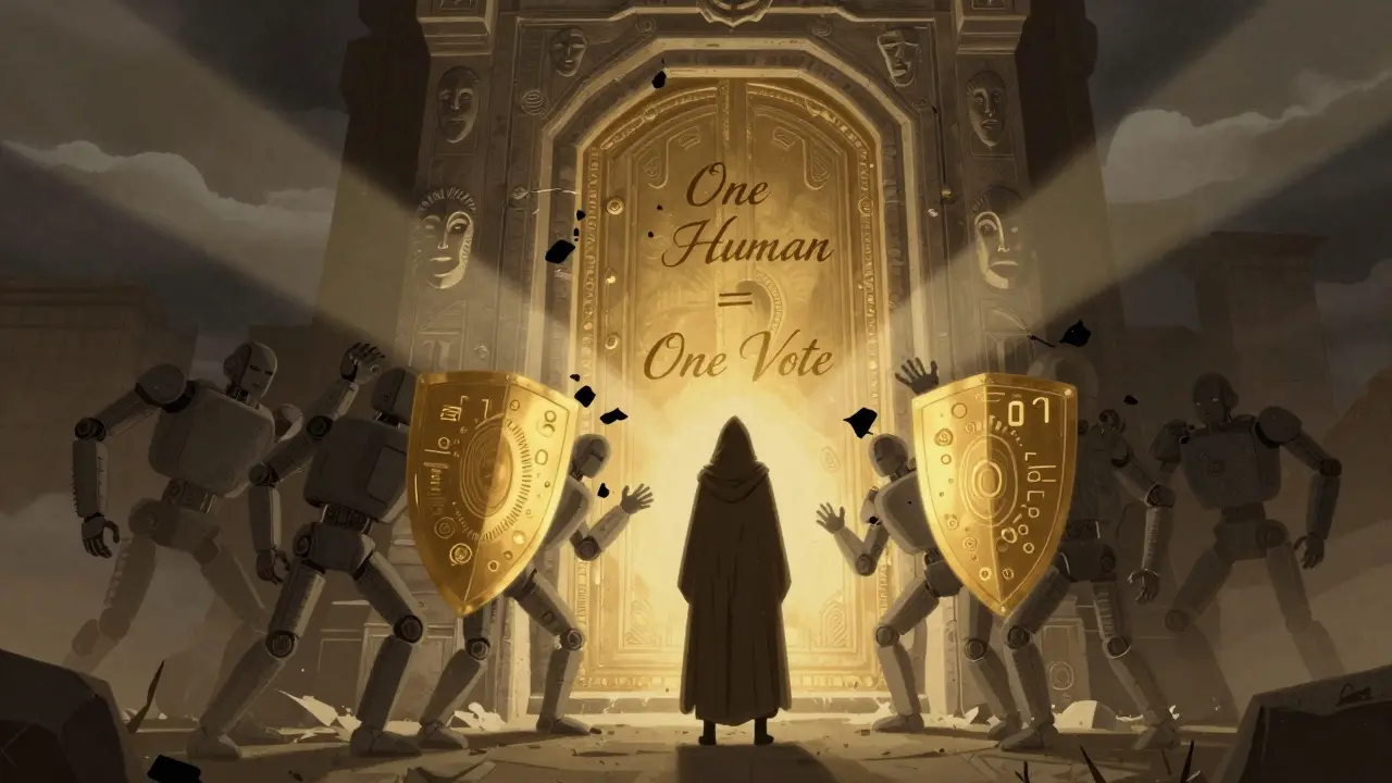 A figure defends a biometric door from shadowy bots, protected by a glowing shield of unique human traits.