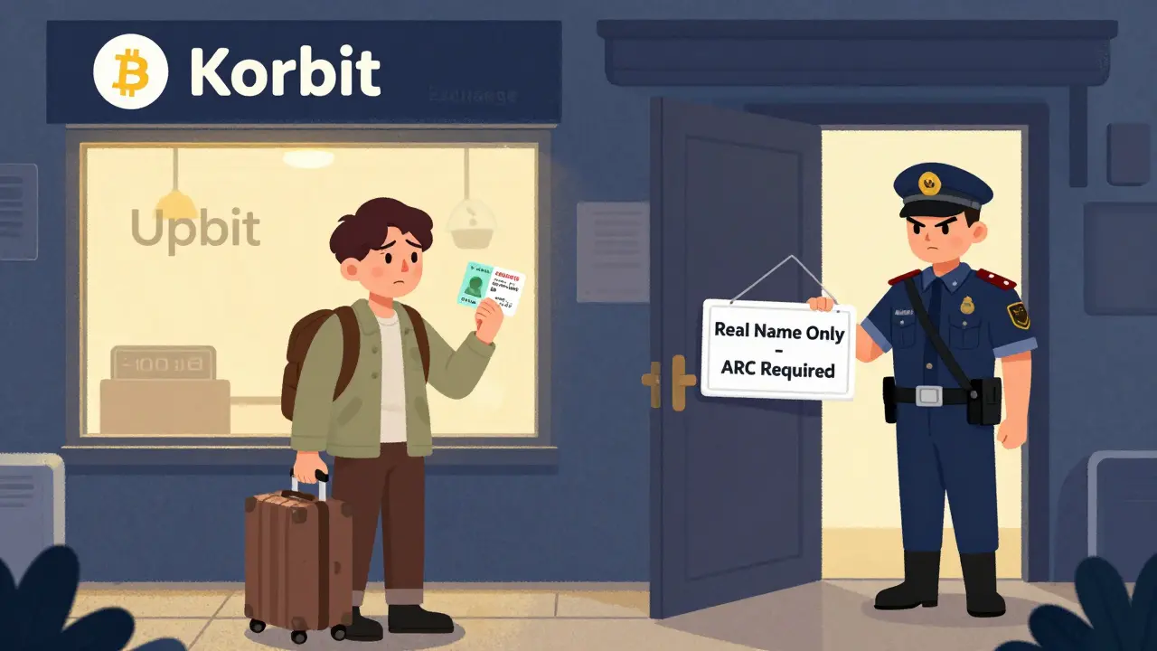 A foreign traveler blocked from a crypto exchange by a guard demanding a resident card.