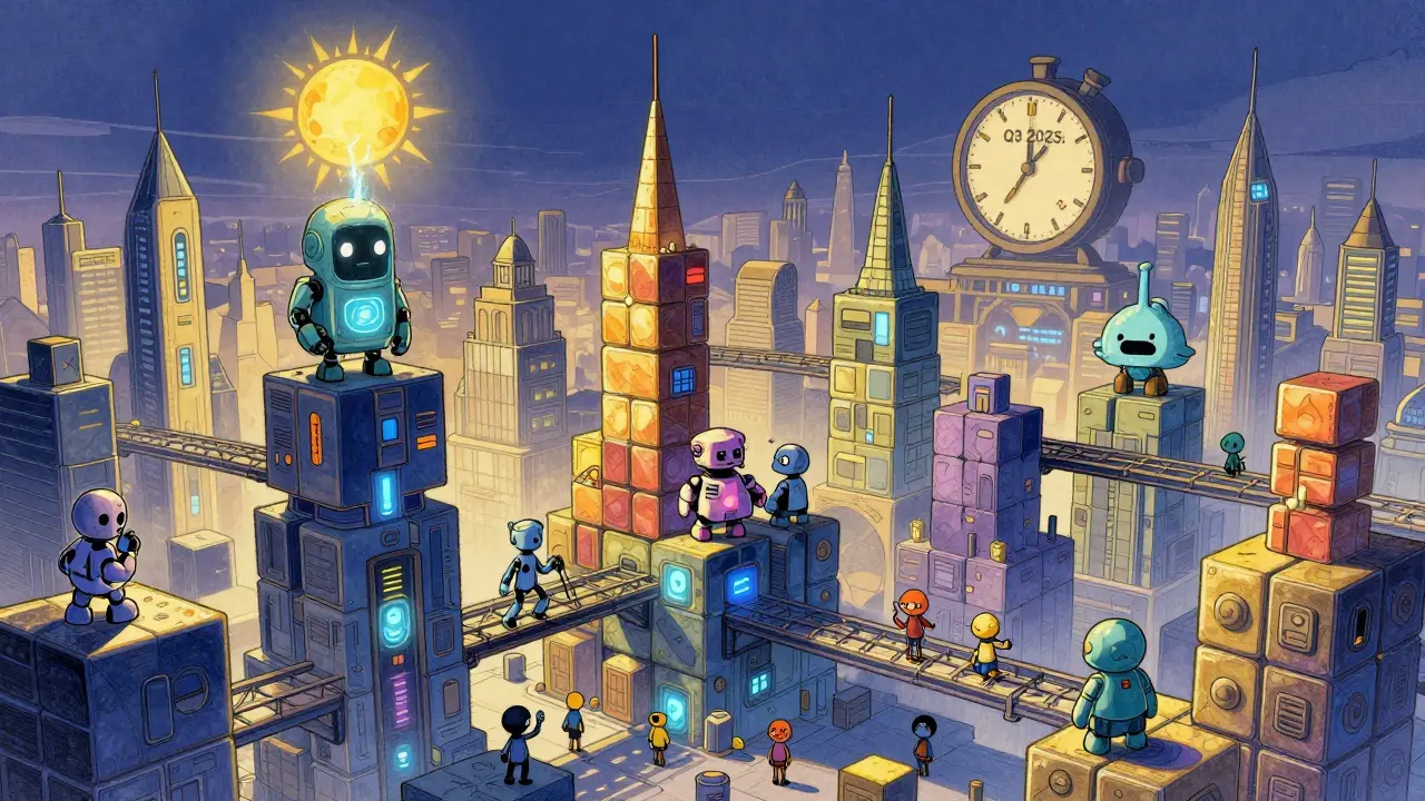 A futuristic city made of blockchain blocks where AI agents build and connect across chains under a twilight sky.