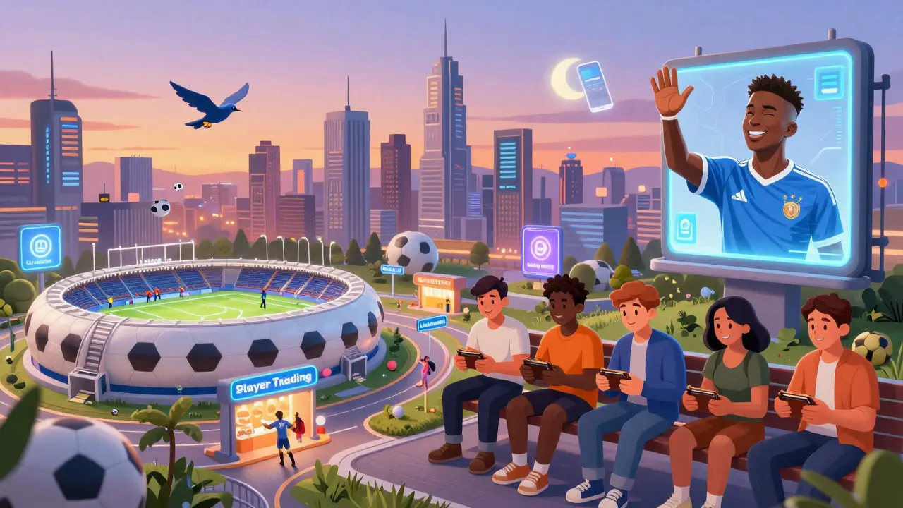 A futuristic MetaSoccer City at sunset with flying NFT players and a La Liga hologram above a peaceful scene.