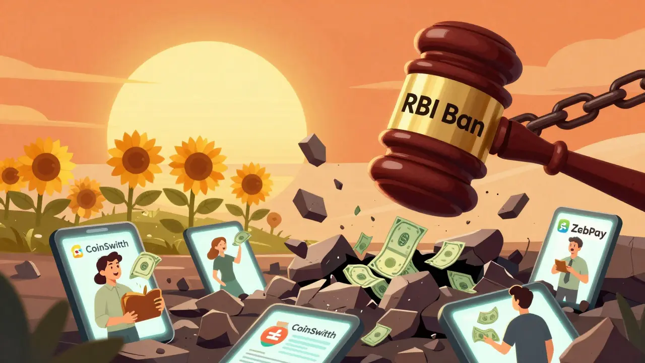 A gavel breaks a ban chain as users celebrate with glowing digital wallets under a sunrise.