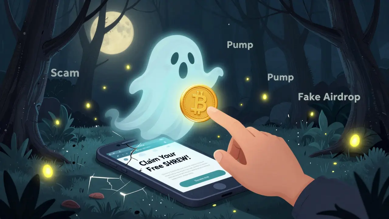 A ghostly SHREW token hovers above a phishing website, surrounded by glowing scam fireflies in a dark forest.