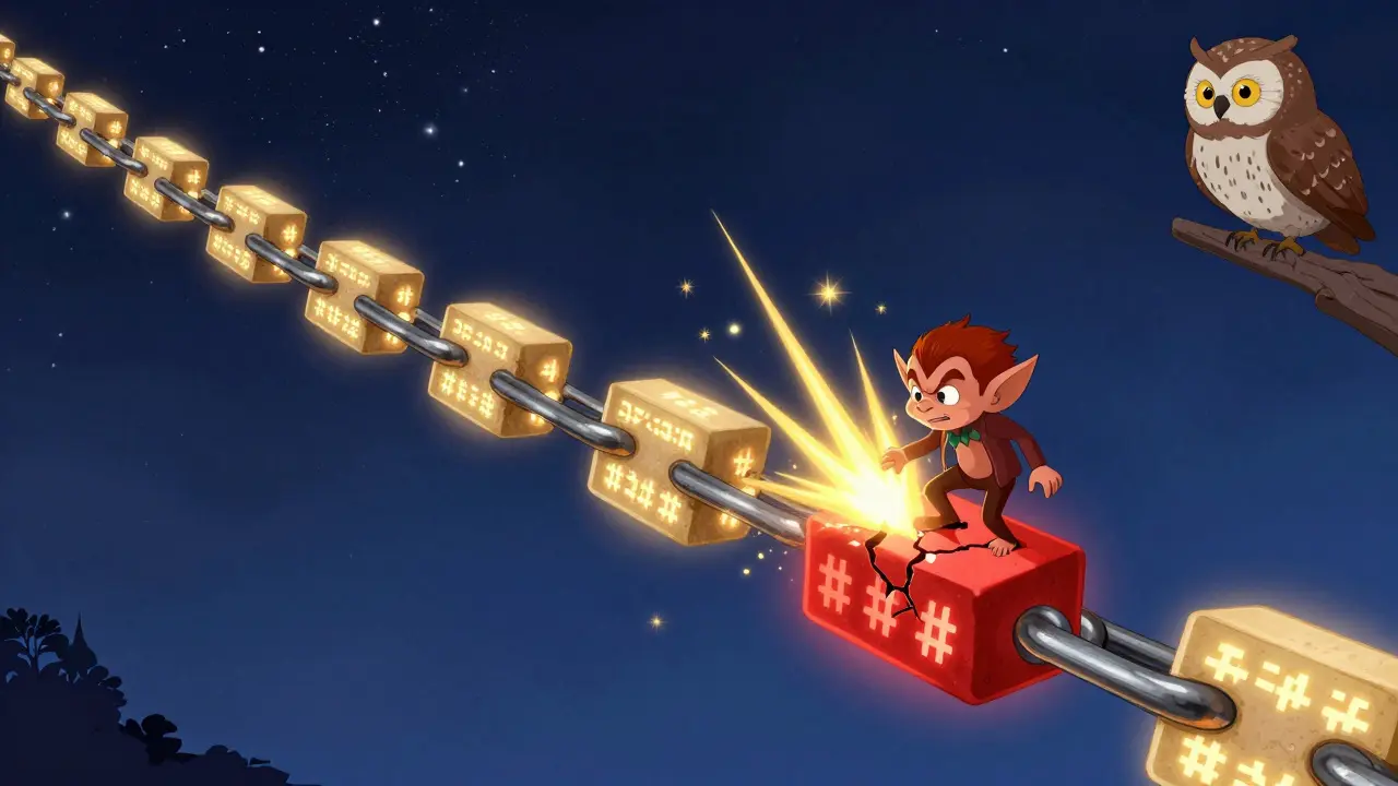 A glowing blockchain chain breaks as a goblin tries to alter it, sending golden sparks flying under a starry sky.
