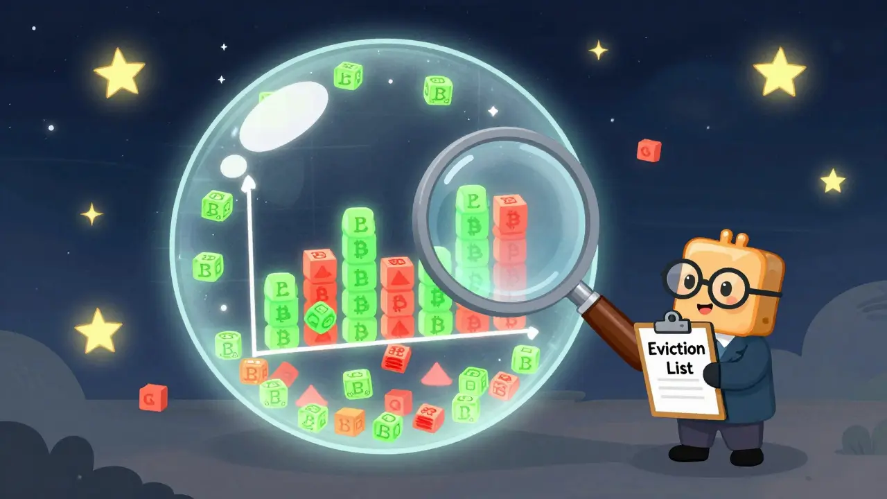 A glowing digital mempool bubble filled with bouncing transaction icons, a node examining a fee histogram, set in a starry night sky.