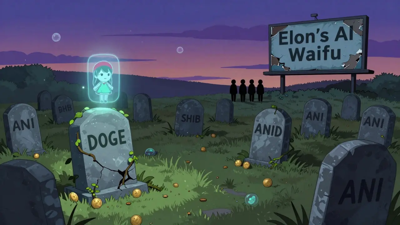 A graveyard of dead crypto tokens with a fading hologram of an anime girl above the ANI tombstone.