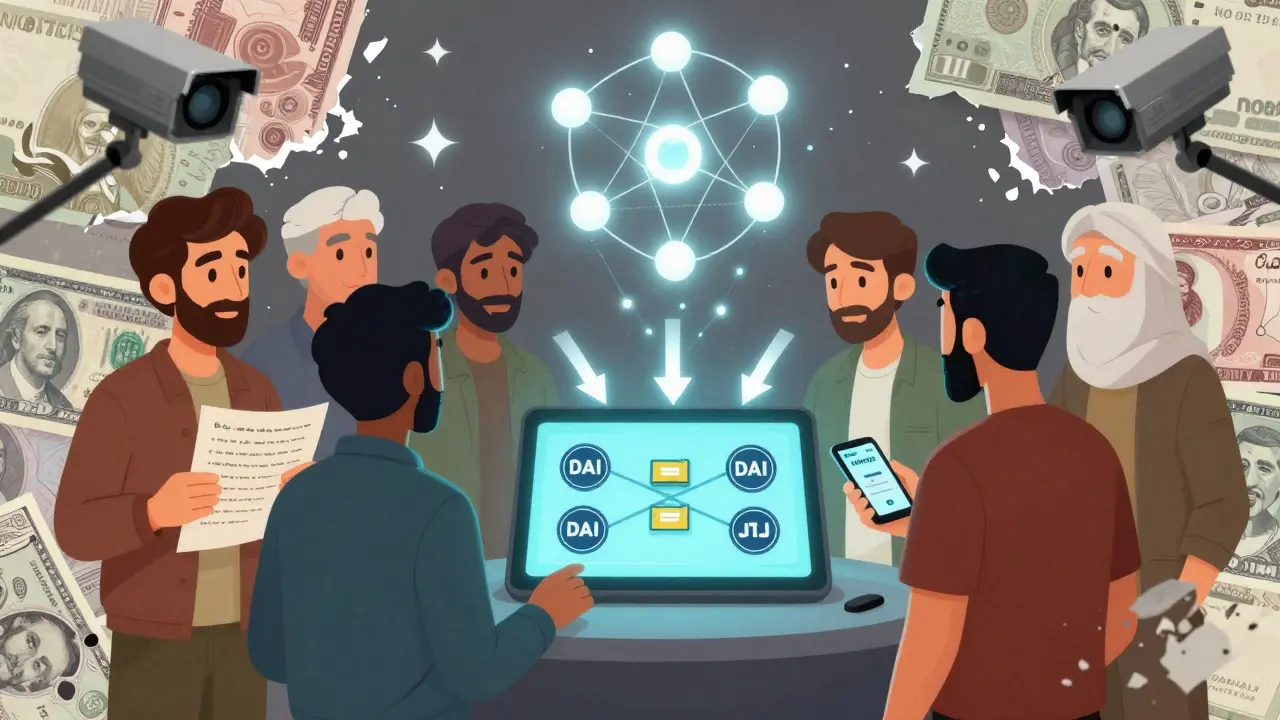 A group of people exchanging DAI tokens on a decentralized network, with a crumbling centralized exchange logo nearby.