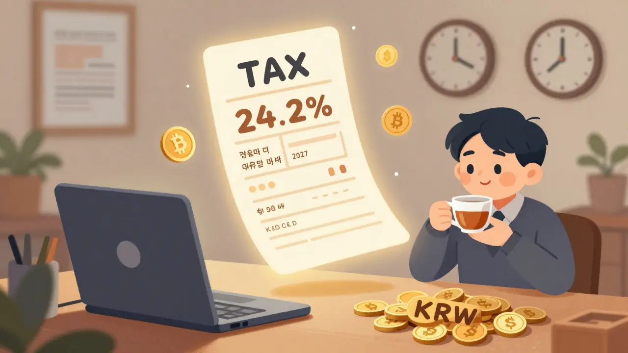 A Korean trader facing a tax receipt and clock counting down to 2027 with crypto charts in the background.