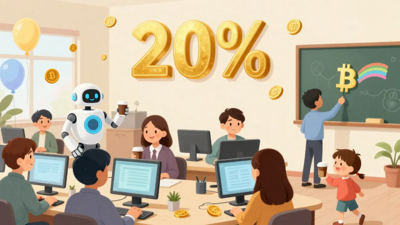 A lively Tokyo crypto exchange in 2026 with people trading happily under a golden 20% tax sign.