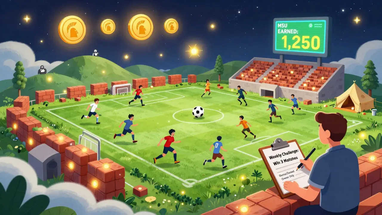A magical soccer match in a floating stadium with glowing MSU tokens and a manager checking weekly challenges.