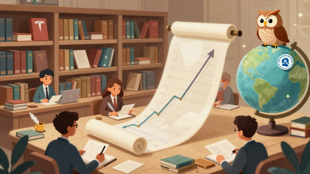 A magical trading library with blockchain bookshelves and a MiCA owl, where traders place orders with quills in enchanted style.