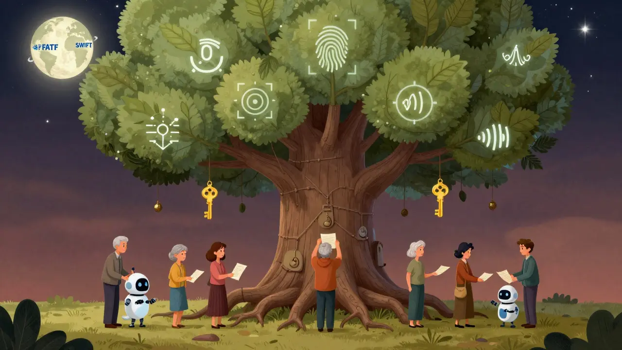 A magical tree with blockchain roots and biometric leaves, helping people turn documents into golden keys.