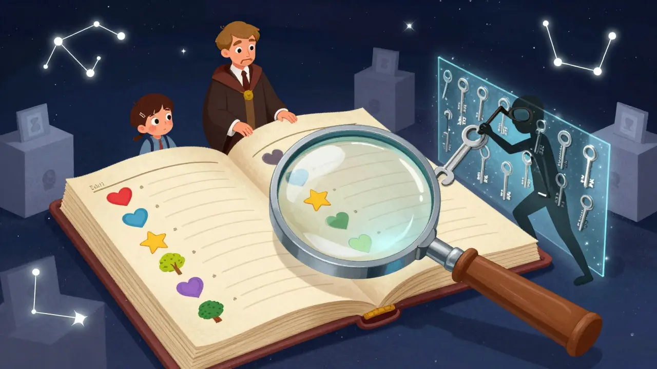 A magnifying glass reveals anonymous votes in a public ledger, blocked from tampering by cryptographic keys.