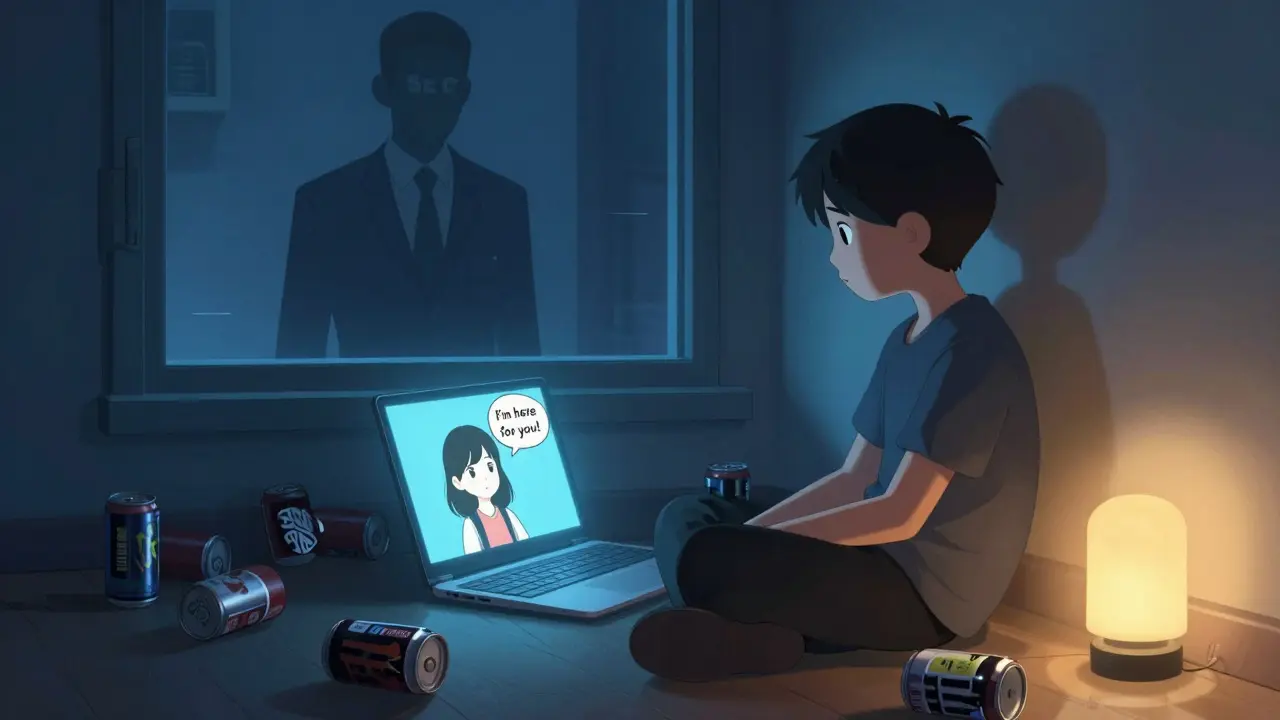 A person alone in a dim room, staring at a screen showing a cartoon AI companion while a shadowy figure watches.