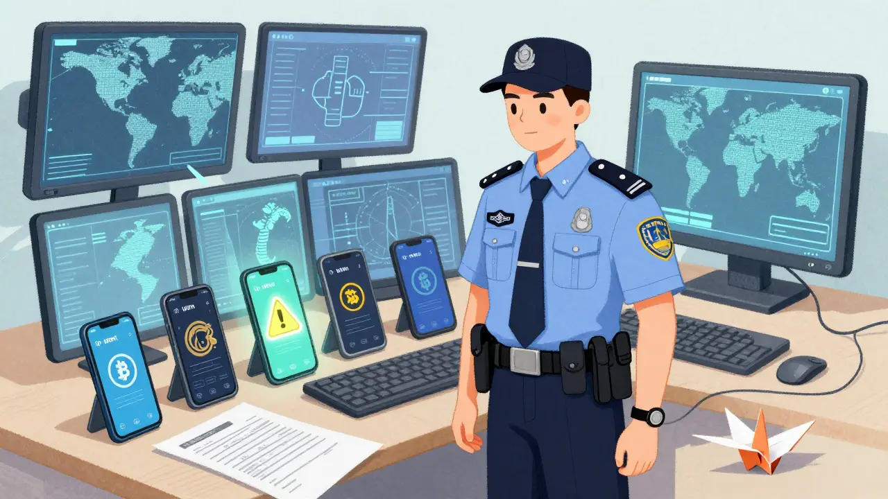A police officer with confiscated phones showing crypto and VPN apps, rendered in soft storybook tones.