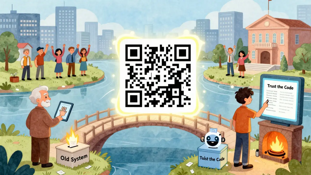 A QR code bridge connects a rural voter to a city hall, symbolizing trust in blockchain voting.