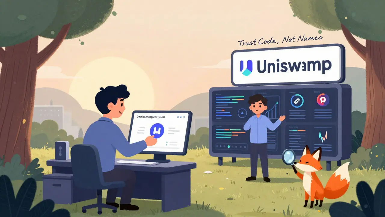A quiet digital marketplace at dawn where one trader uses Omni Exchange V3 while another is lost in the chaos of Uniswap.