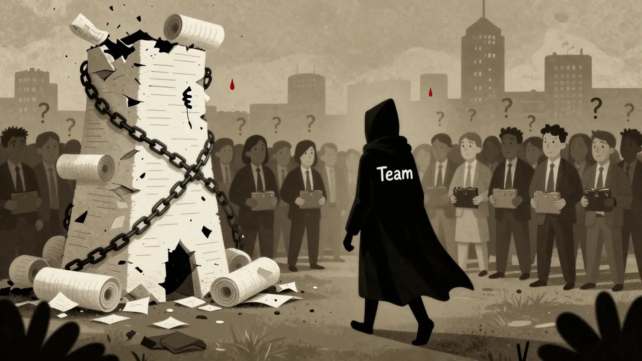 A shadowy figure walks away from a crumbling tower of whitepapers and broken blockchain chains.