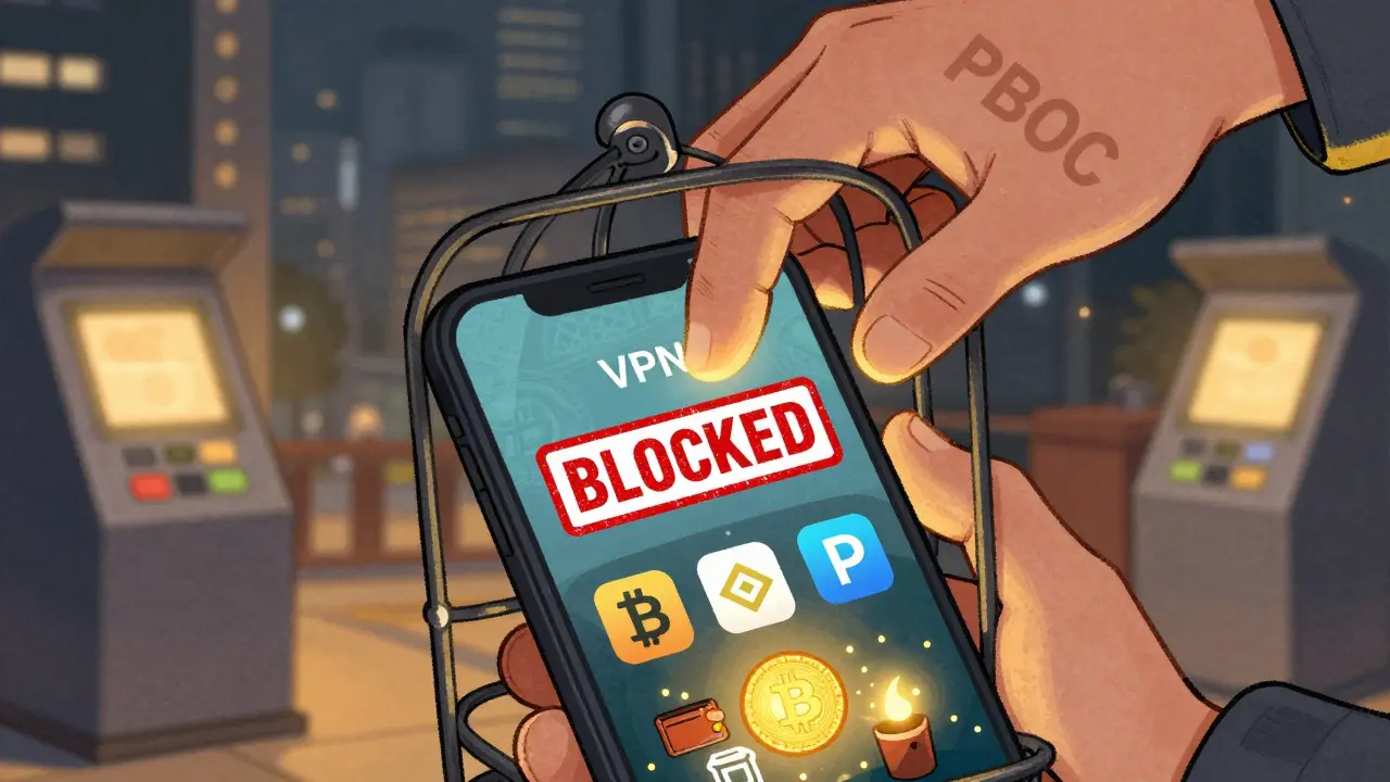 A smartphone with blocked VPN and hidden crypto apps, being seized by a giant hand labeled PBOC.