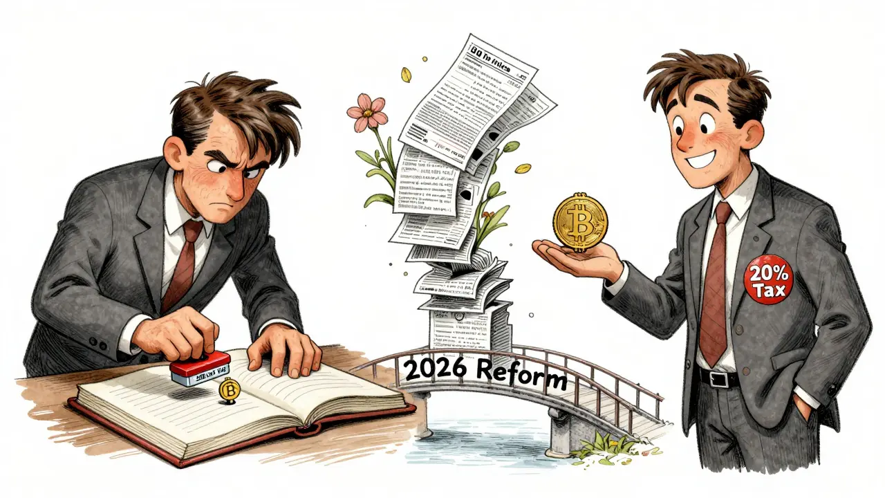 A split scene showing the shift from oppressive 55% taxes to fair 20% taxes with a symbolic bridge between them.