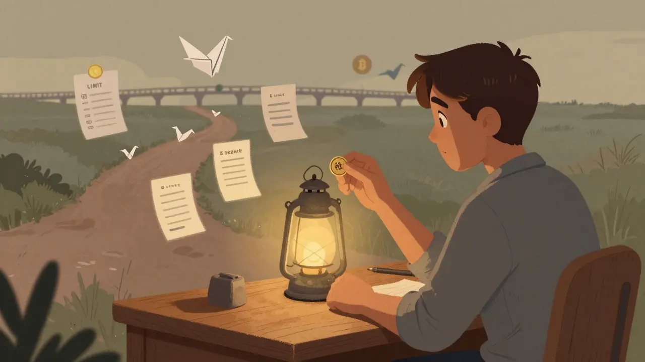 A trader holds a glowing PERRY token as voting and fee icons rise like paper cranes around them.