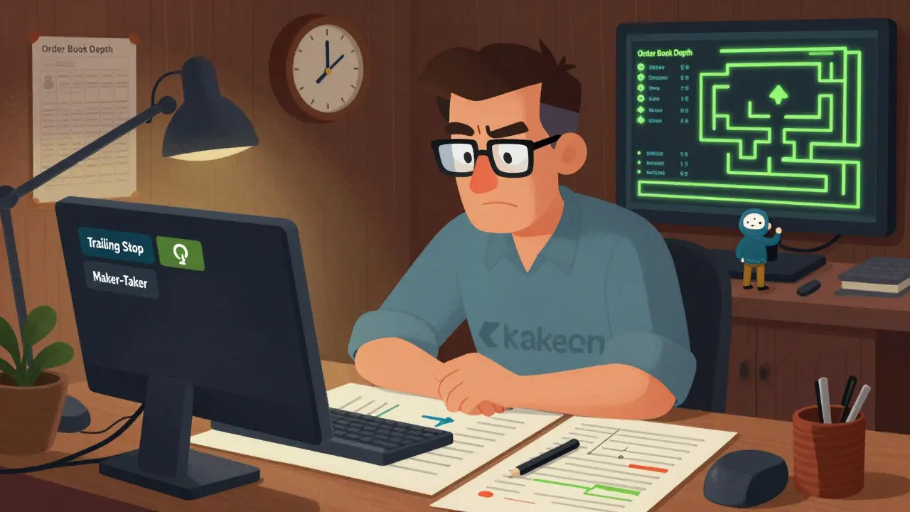 A trader using advanced tools on a Kraken terminal while a confused beginner struggles with complex menus.