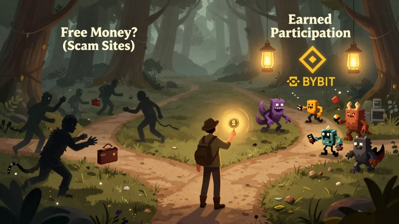 A traveler chooses between scam paths and earned participation, holding a glowing SHARDS token in a digital forest.