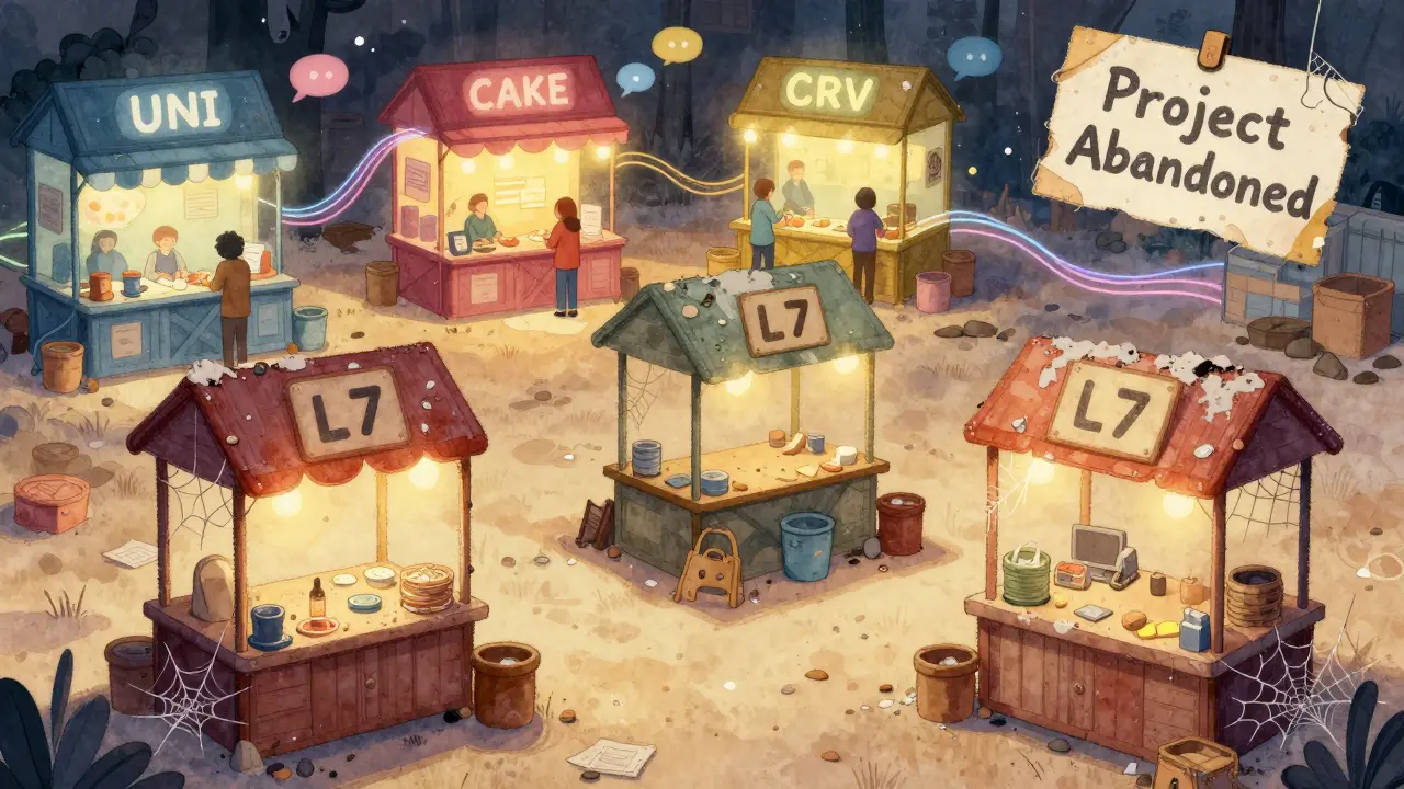 An abandoned L7 marketplace with dusty stalls, while other crypto tokens thrive nearby.