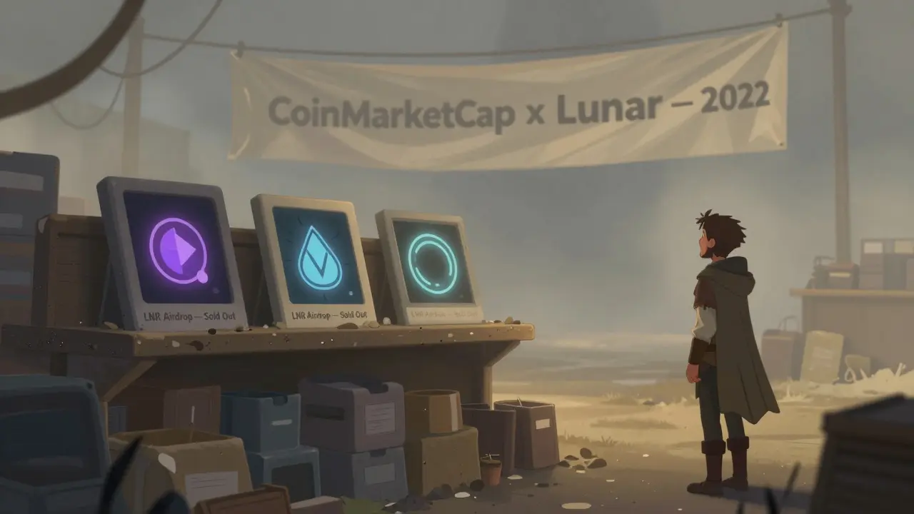 An empty marketplace with only three LNR NFTs left on a shelf at dawn.