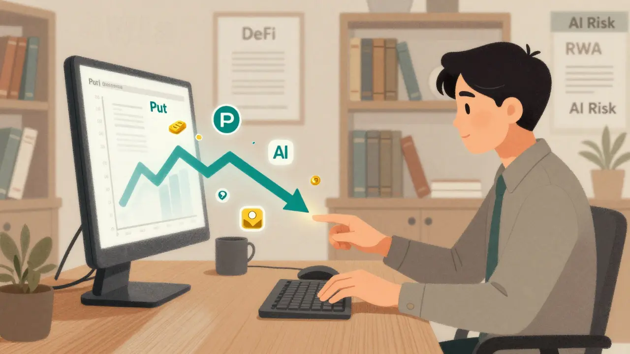 An investor uses automated tools to shield a portfolio of tokenized assets with hedge arrows and AI icons.