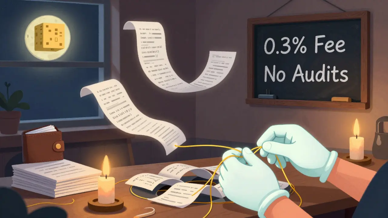 An invisible hand weaving liquidity pools from glowing code scrolls in a cozy workshop with no audits visible.