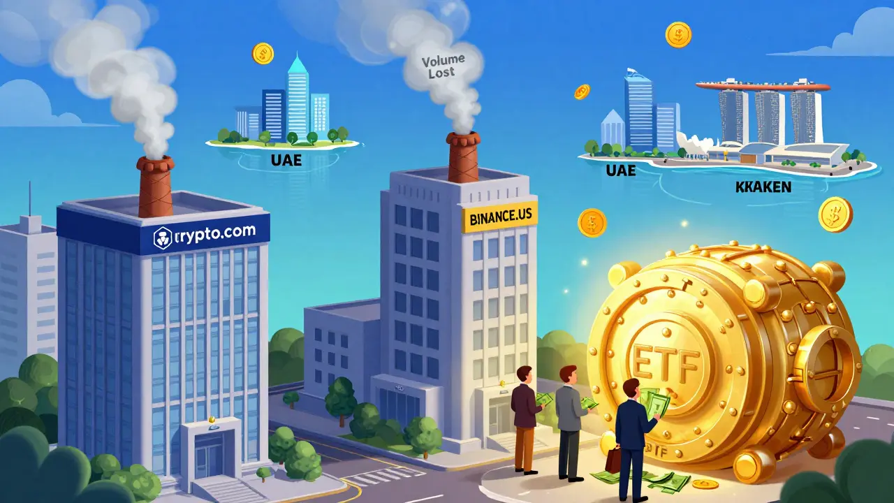 Failing exchanges spew smoke as a glowing ETF vault attracts institutional investors in a whimsical illustration.