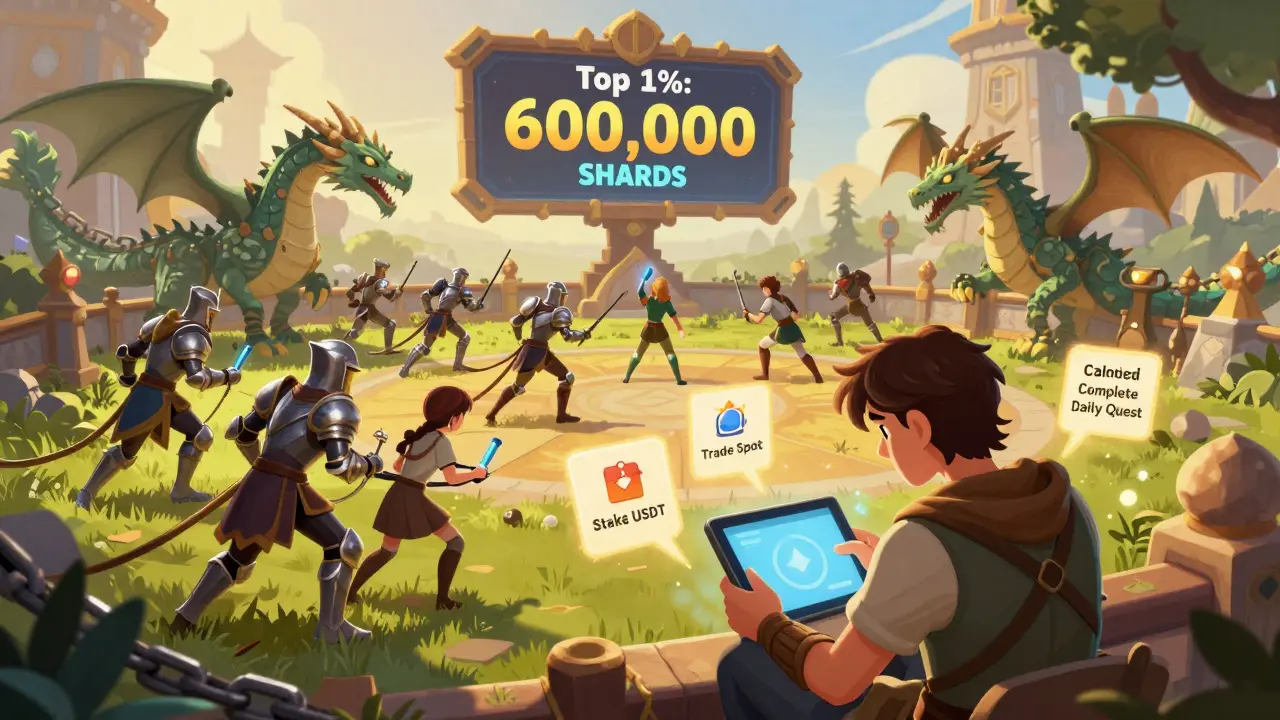 Gamers battle in a fantasy world with NFT armor while a giant scoreboard shows top SHARDS earners.