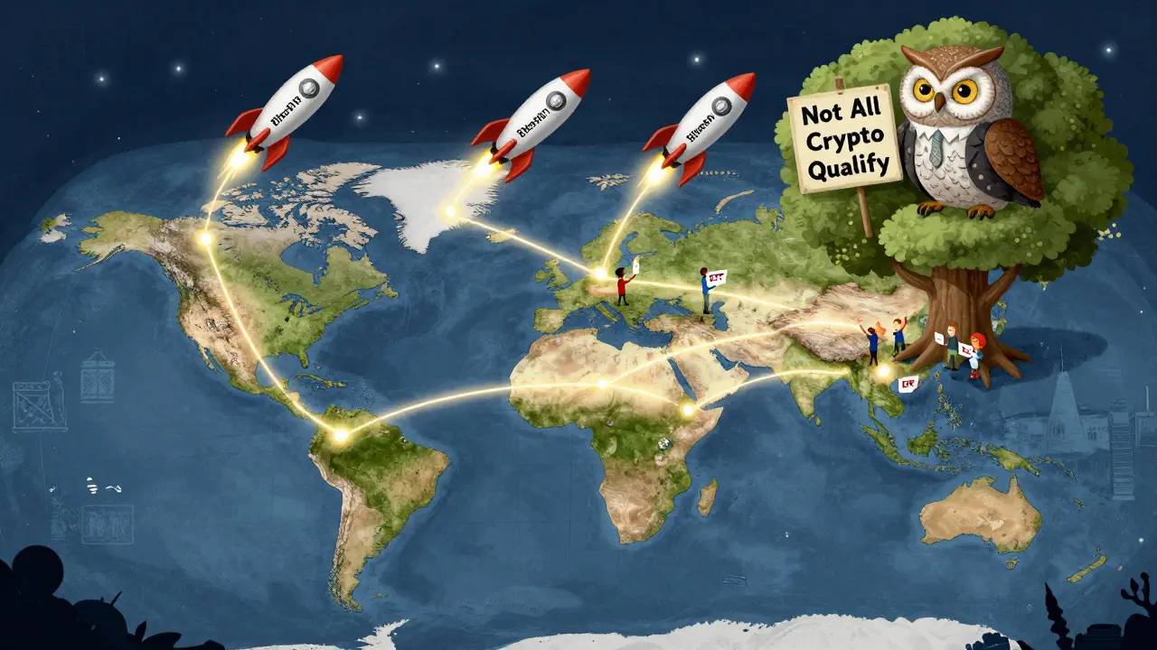 Global map with ETF rocket ships flying to countries, an owl on a blockchain tree watching over them.