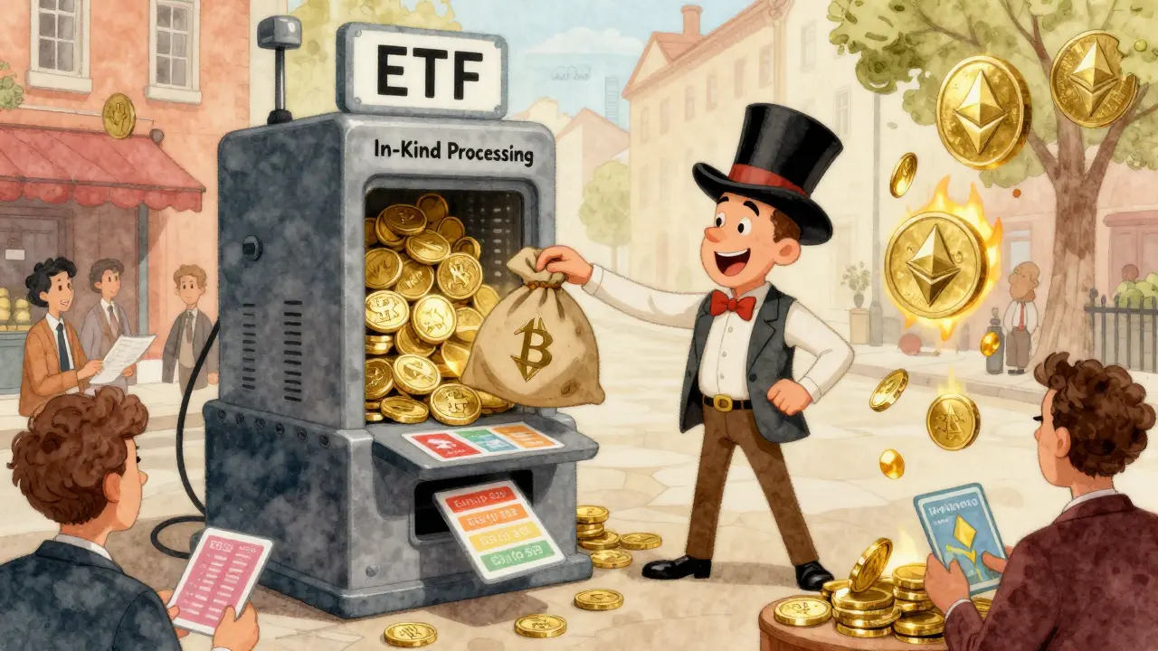 Illustration of investors trading ETF cards while Ethereum staking rewards rain down in a financial street scene.