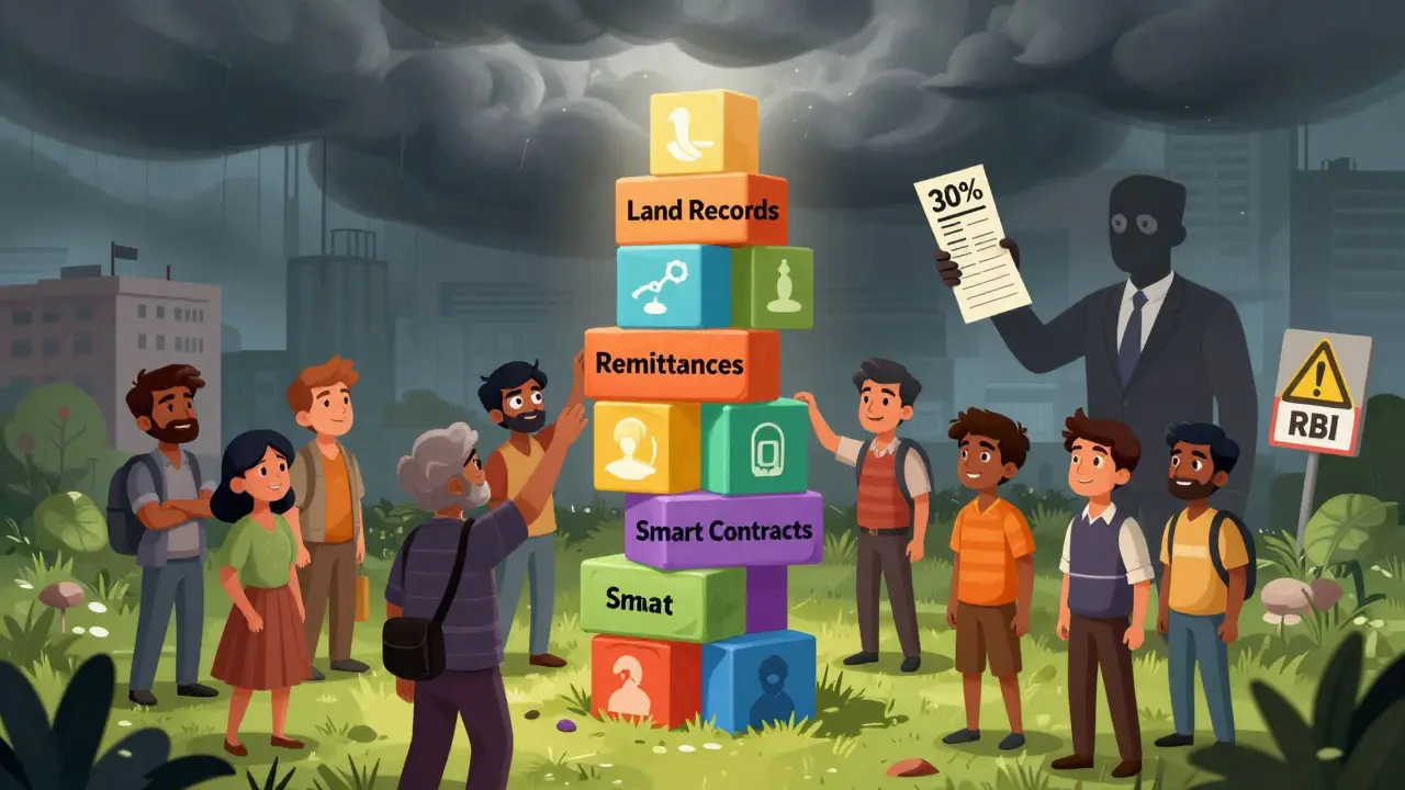 Innovators build a blockchain tower while a tax receipt and RBI warning loom in the background.