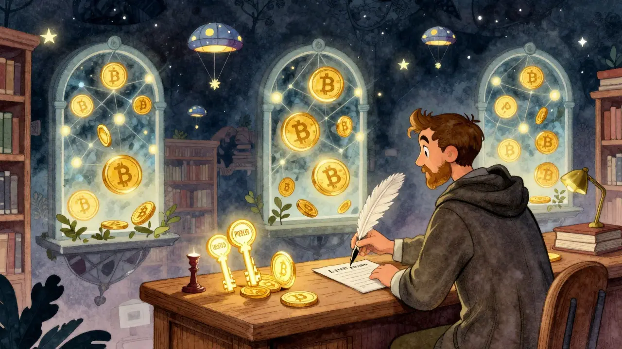 Magical DeFi exchange in a Polkadot library where tokens glow like keys and coins fly through blockchain windows.