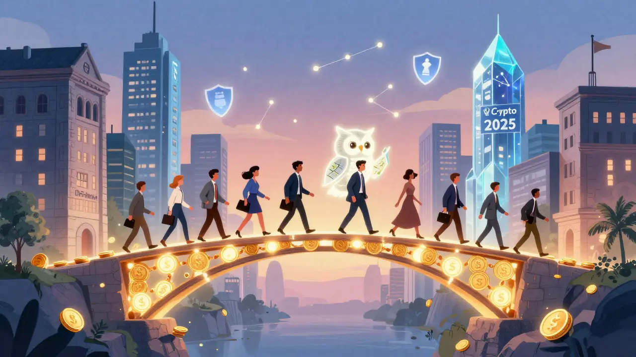Professionals cross a glowing blockchain bridge between traditional finance and crypto 2025, guided by an AI owl.