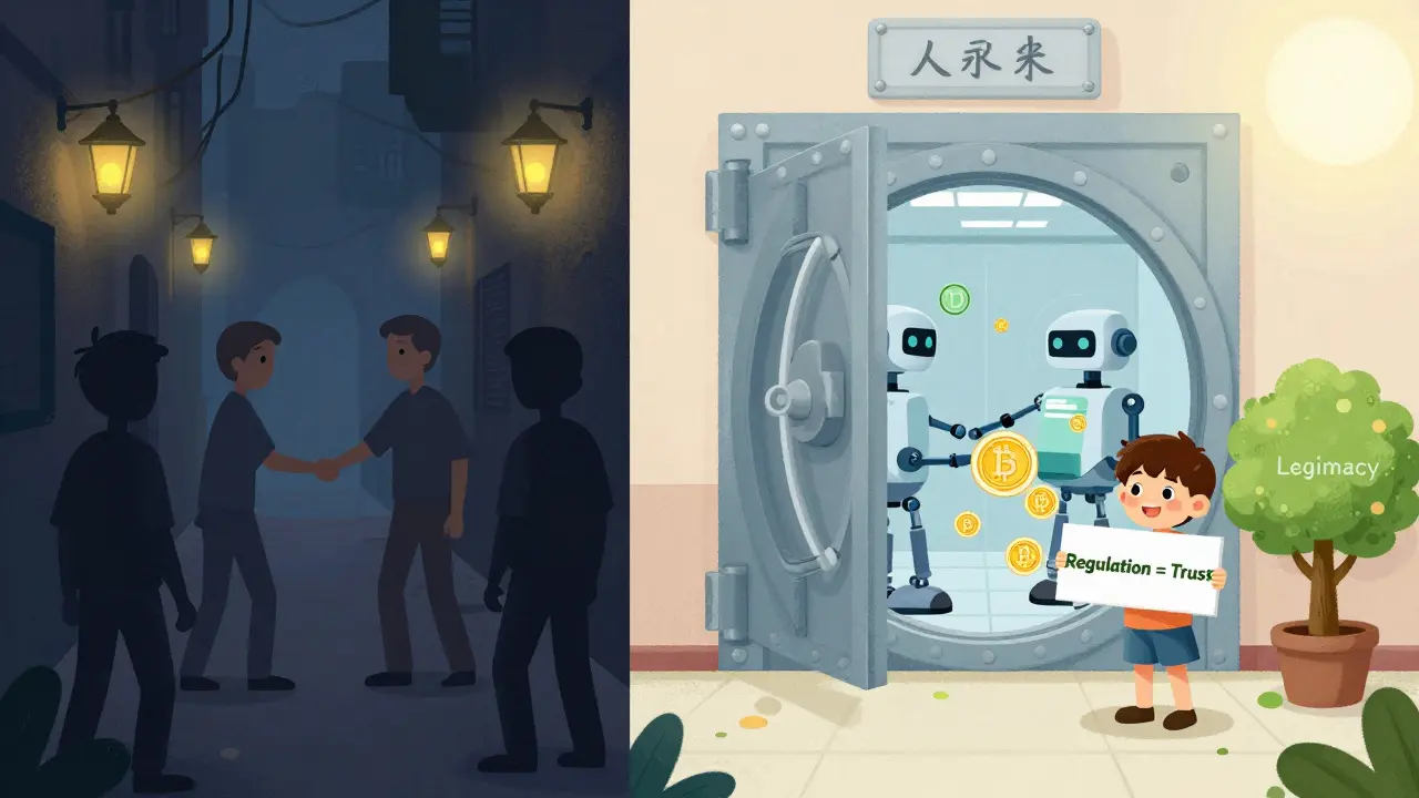 Split scene: shadowy P2P trades on one side, clean stablecoin vaults on the other, symbolizing crypto's shift to legitimacy.