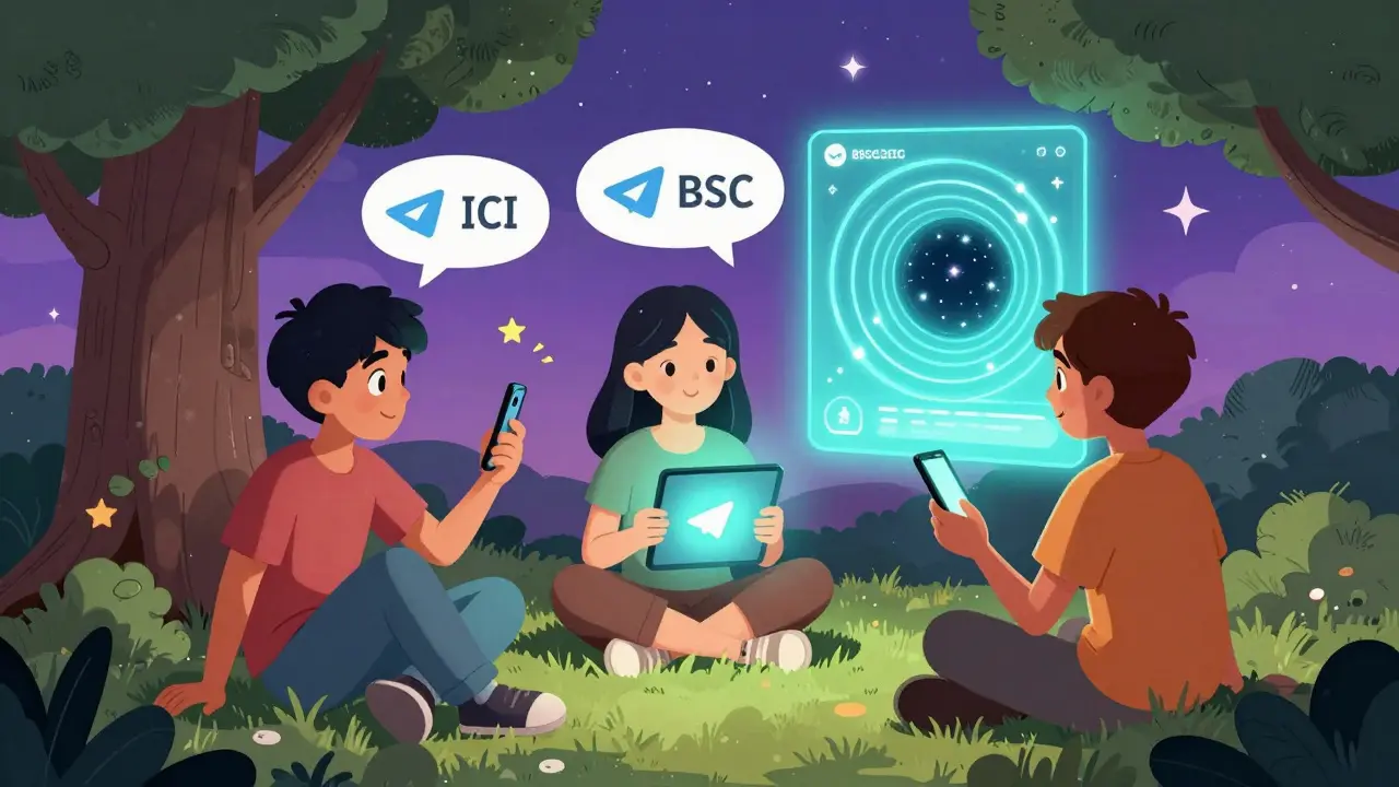 Three friends engaging with social media and a Telegram portal under a tree.