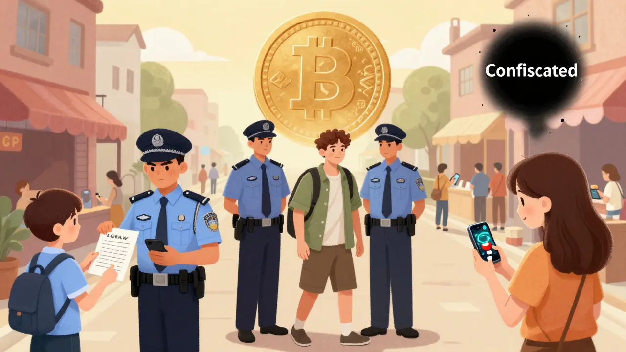 Three scenes showing consequences of crypto use in China: fine, deportation, and confiscation, with digital yuan shining safely in the background.