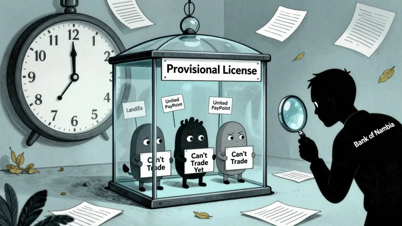 Three tiny crypto companies trapped in a glass cage labeled 'Provisional License,' watched by a giant bank figure with a magnifying glass.