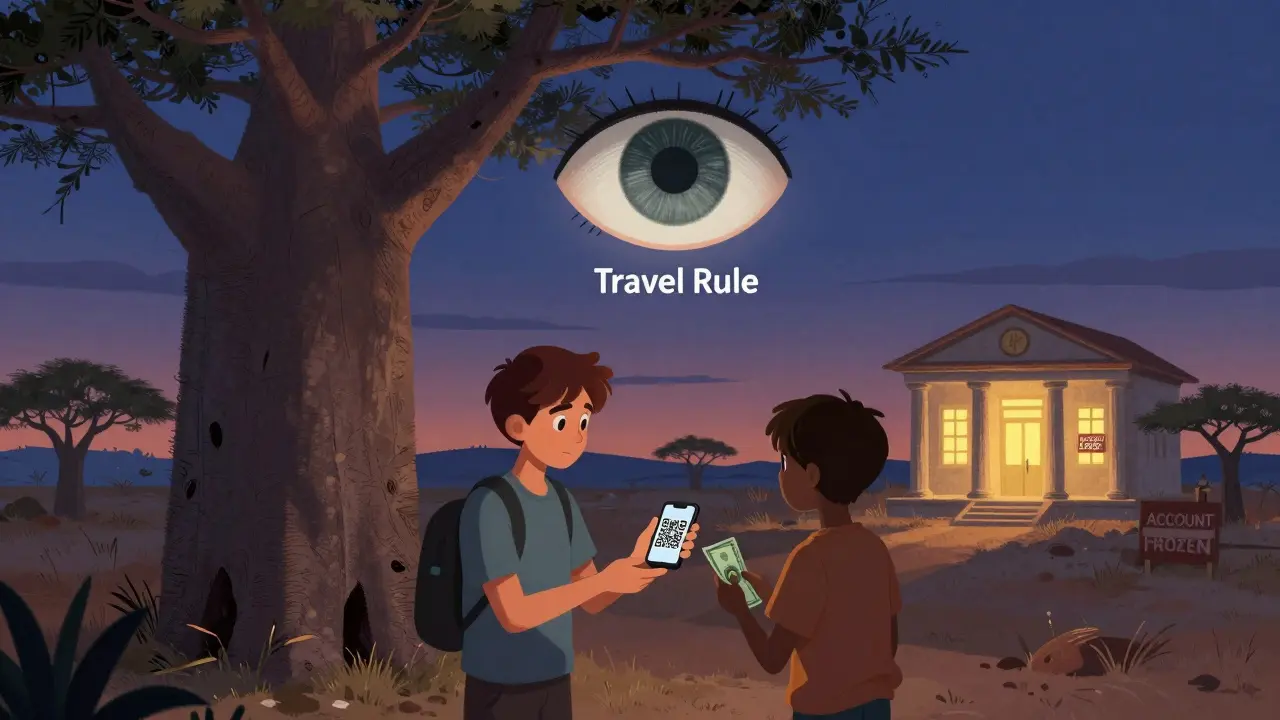 Two people trading Bitcoin for cash under a baobab tree, a giant eye labeled 'Travel Rule' watches from above.