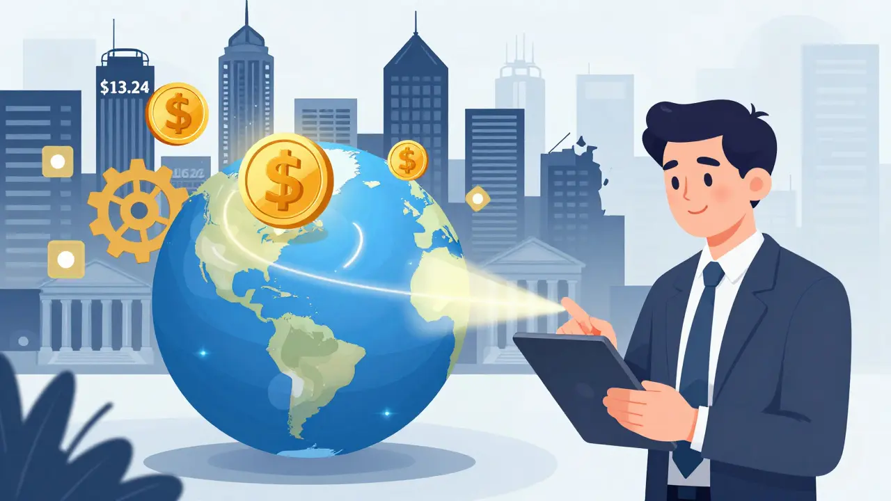 A business in Australia sends USDC to Singapore, with crumbling traditional bank fees in the background.