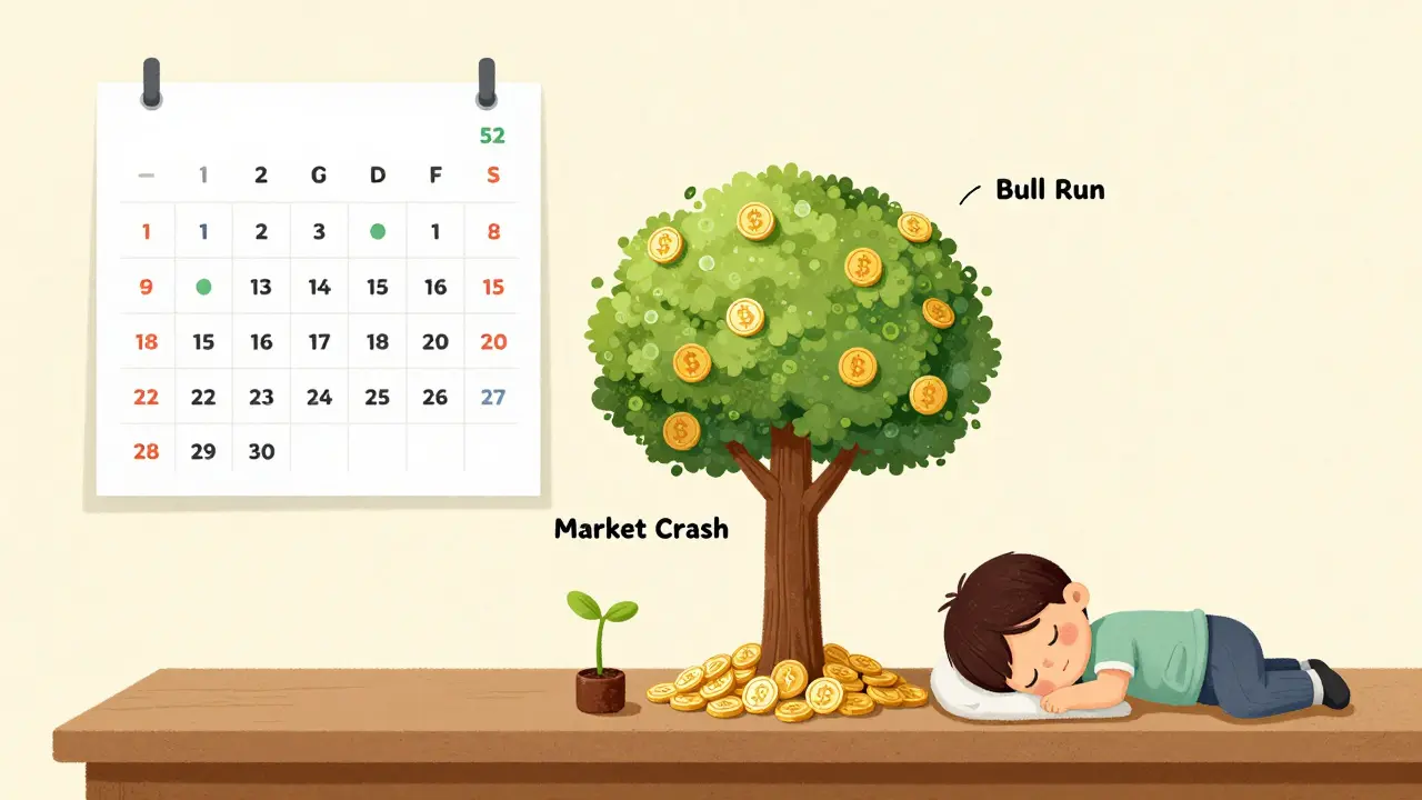 A child's weekly crypto purchases grow into a resilient tree of coins, untouched by market chaos.