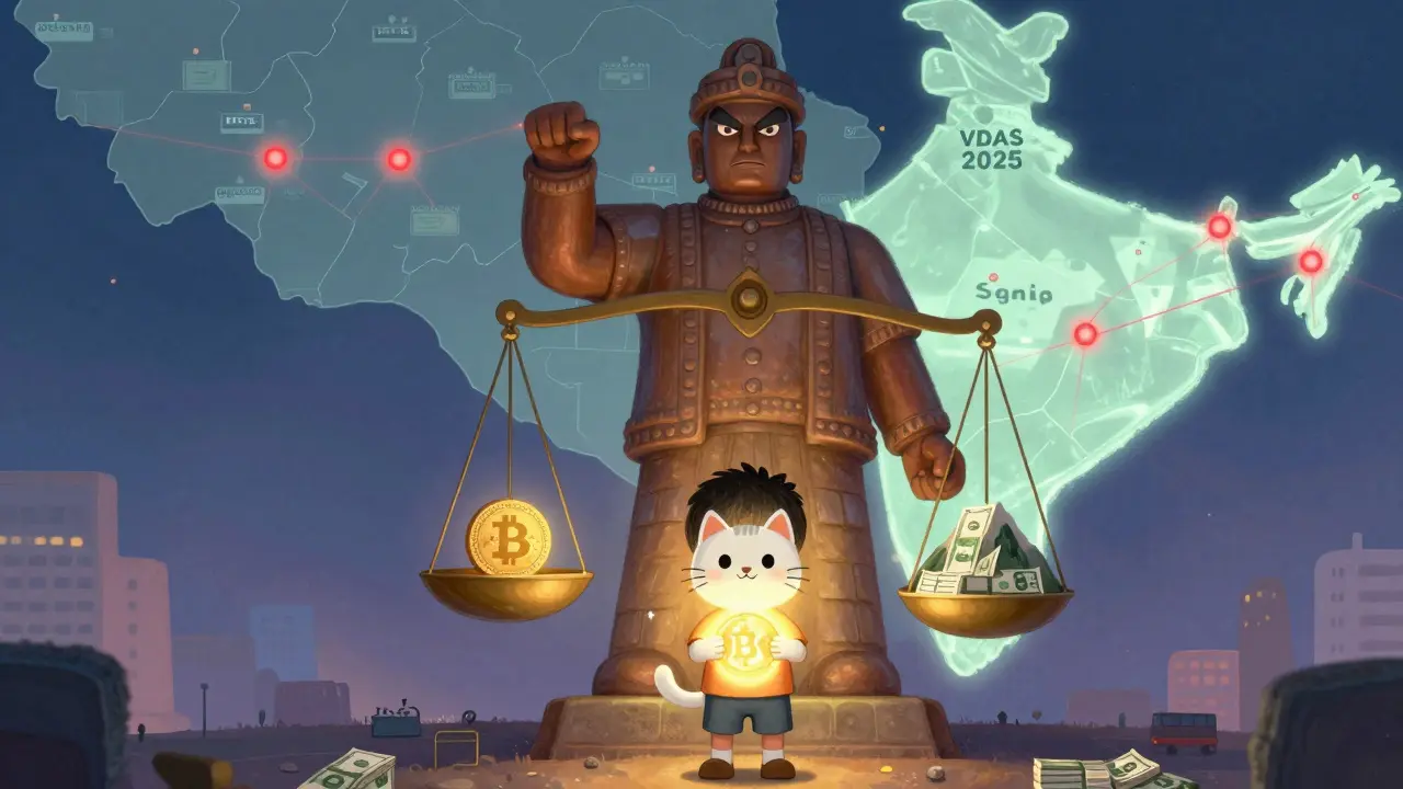 A child holds an NFT cat while facing a government statue demanding crypto be taxed in rupees.