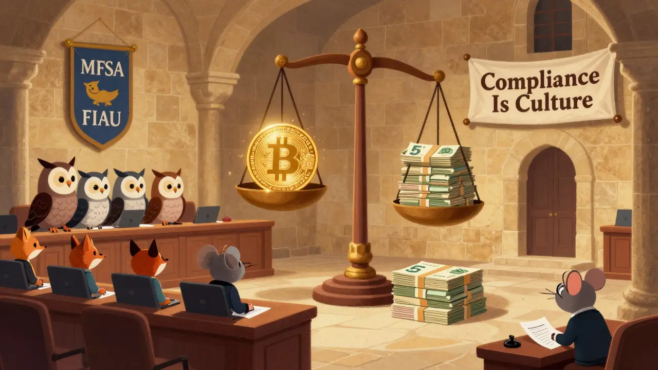A courtroom scene in Malta where a crypto startup faces judgment by animal regulators with a giant fine scale.